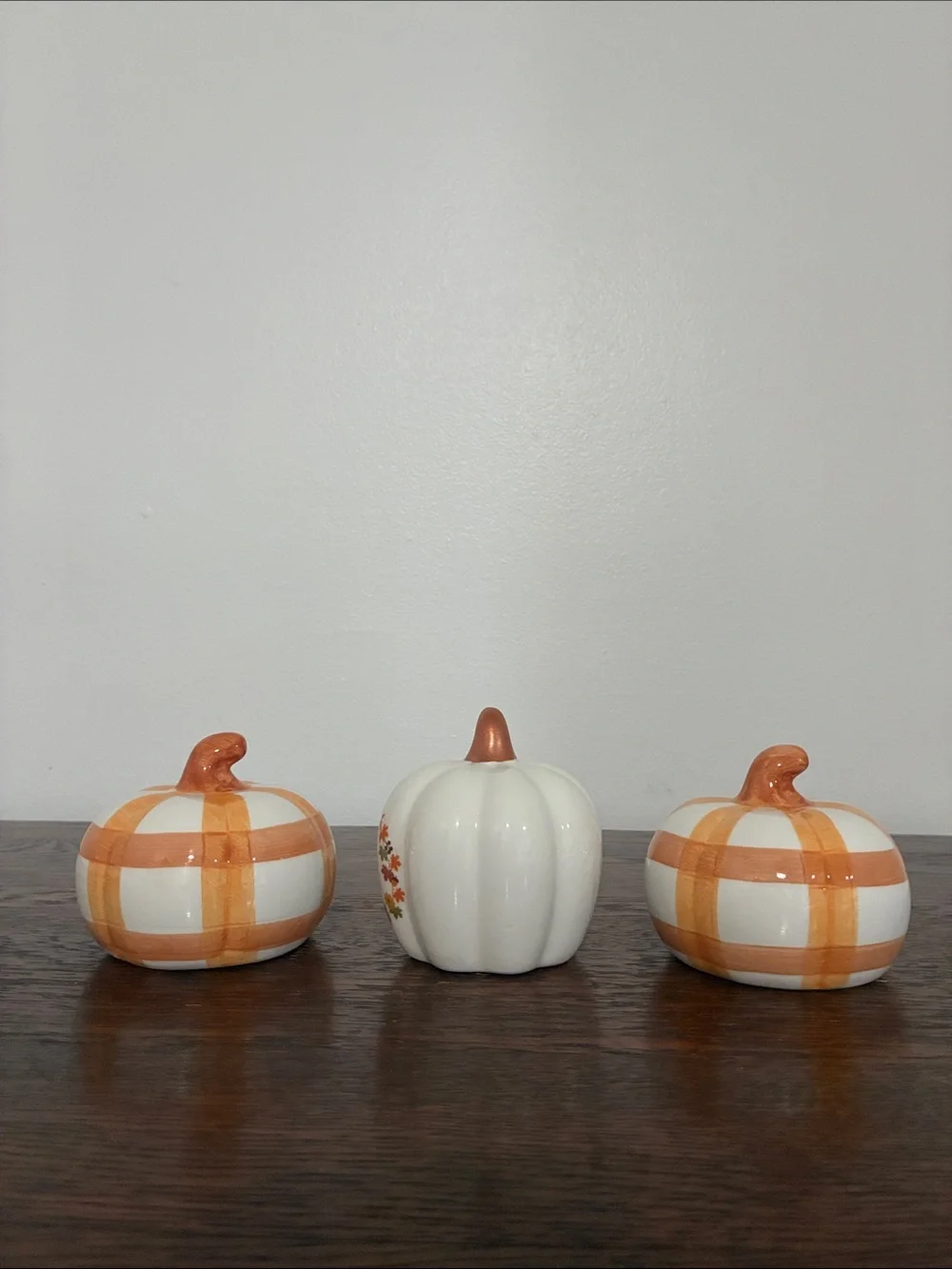 NWT- Hello Fall & Orange & White Striped Ceramic Pumpkins Trio